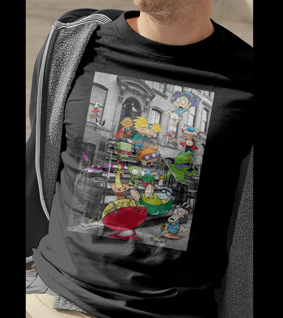 Classic Nicktoons Characters Sitting On Stoop Together In Black-and-White Background Scene T-Shirt
