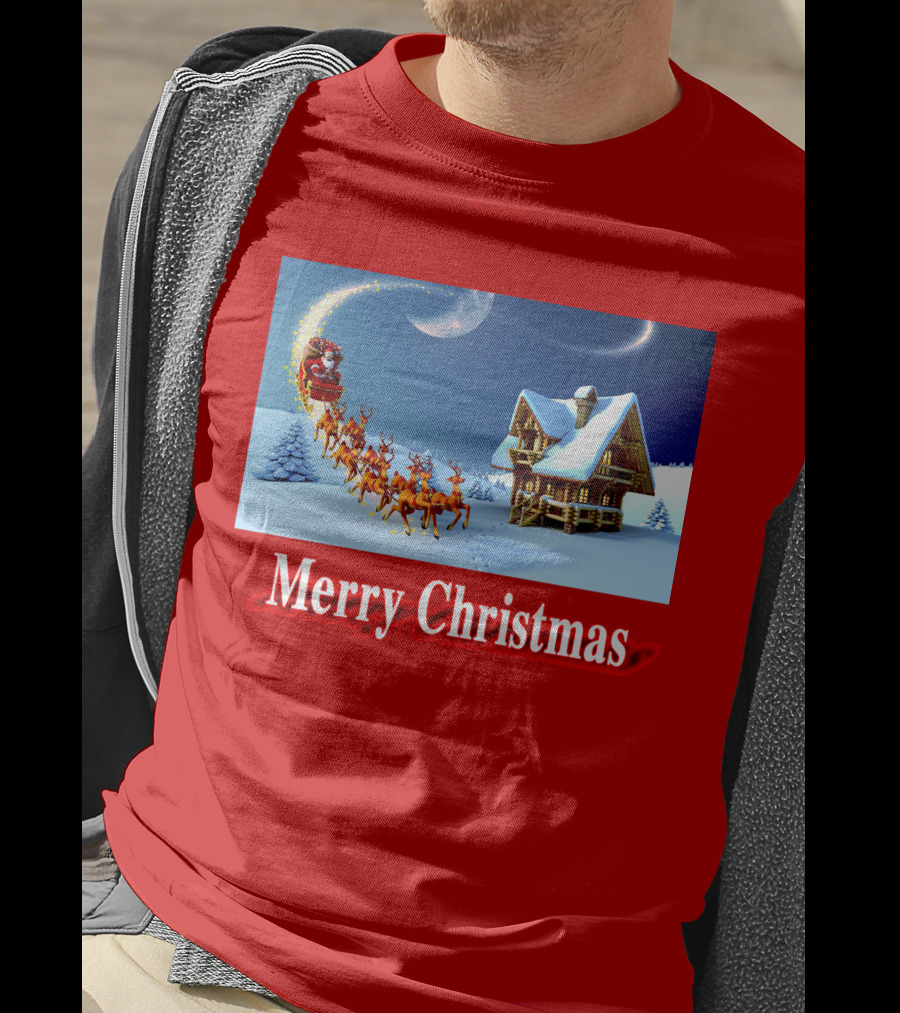 Merry Christmas Santa Sleigh Flying Over Snowy Cabin Scene T-Shirt
