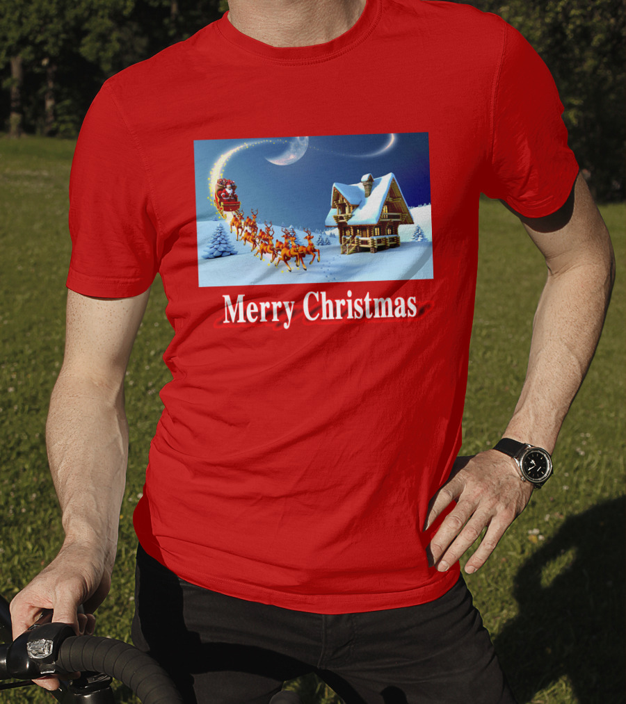 Merry Christmas Santa Sleigh Flying Over Snowy Cabin Scene T-Shirt