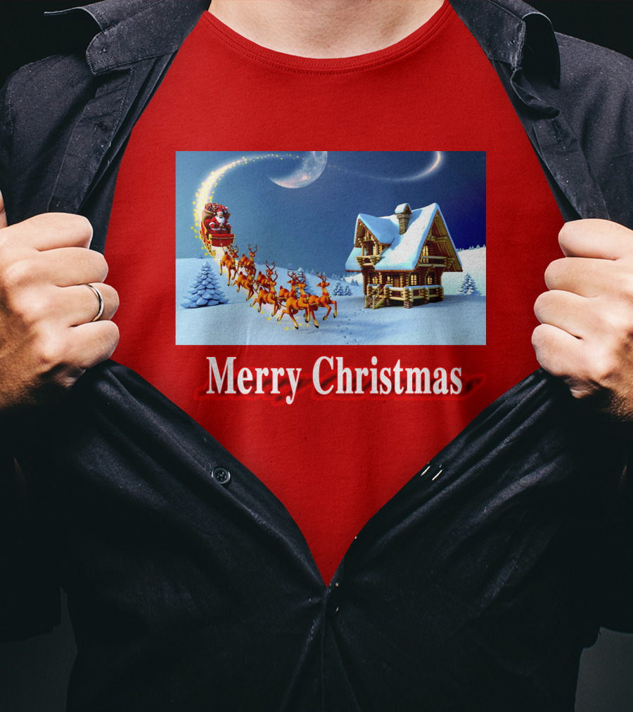 Merry Christmas Santa Sleigh Flying Over Snowy Cabin Scene T-Shirt