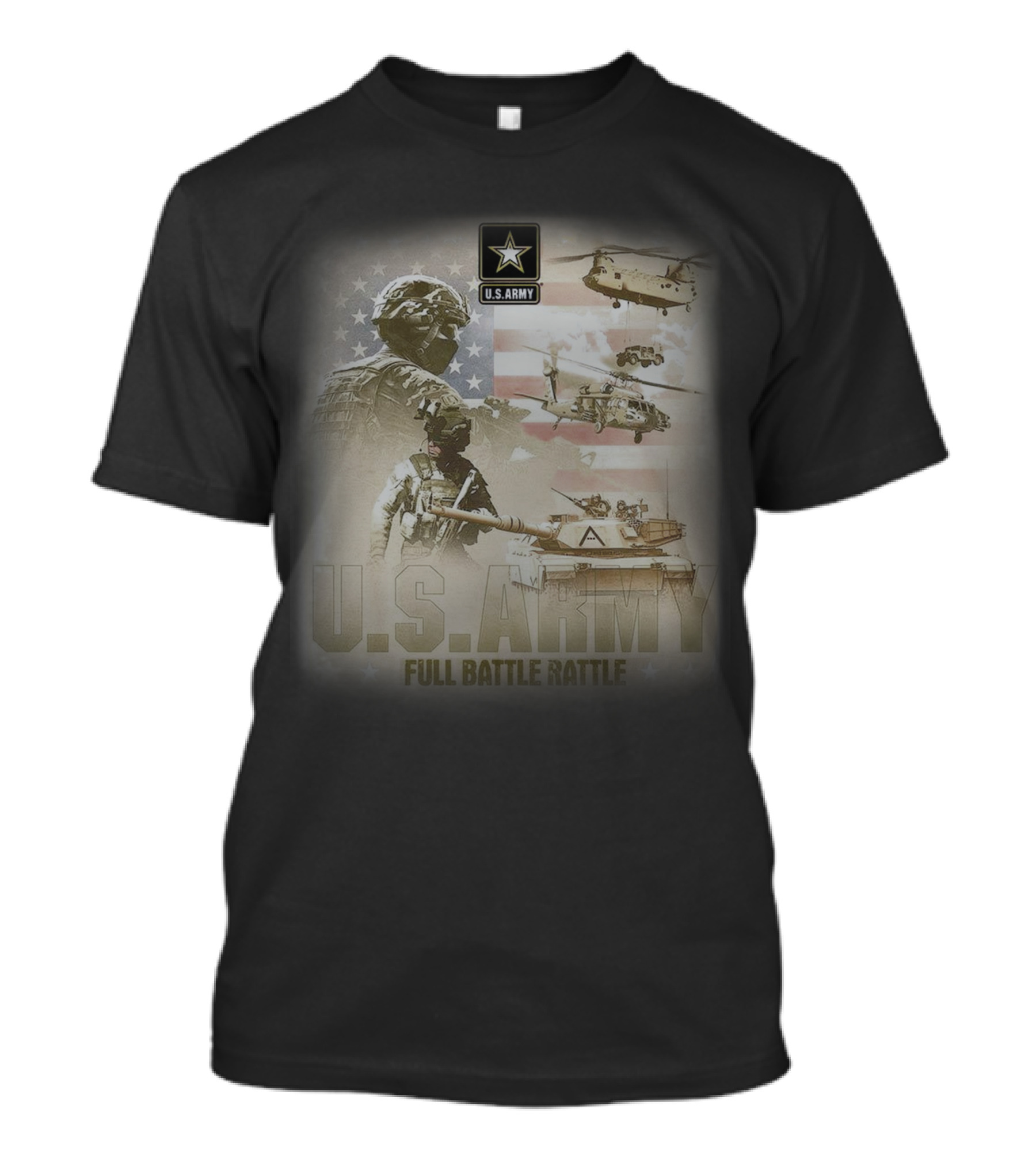 U.S. Army Full Battle Rattle Helicopters Tanks Flag T-Shirt