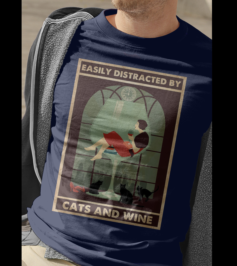 Easily Distracted By Cats And Wine Art Deco Woman In Glass With City Skyline And Cats T-Shirt