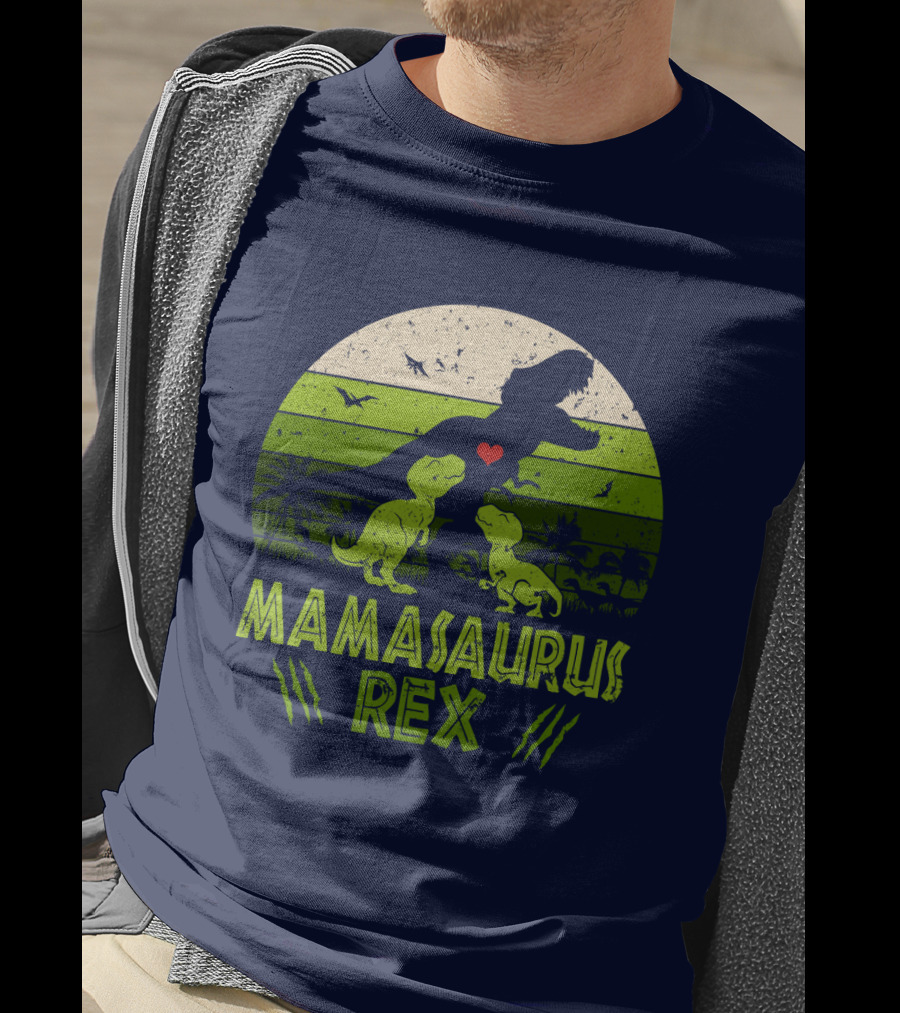 Kid Dinosaur Love For MamaSaurus Rex With Green Jungle Scene And Heart T-Shirt