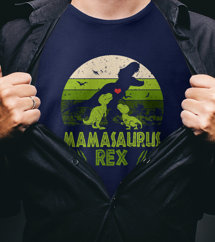 Kid Dinosaur Love For MamaSaurus Rex With Green Jungle Scene And Heart T-Shirt