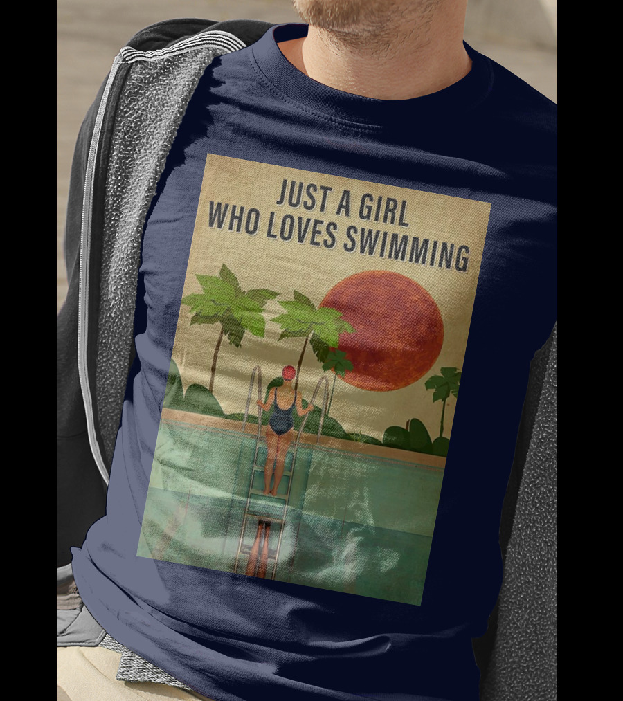 Just A Girl Who Loves Swimming With Palm Trees And Red Sun T-Shirt