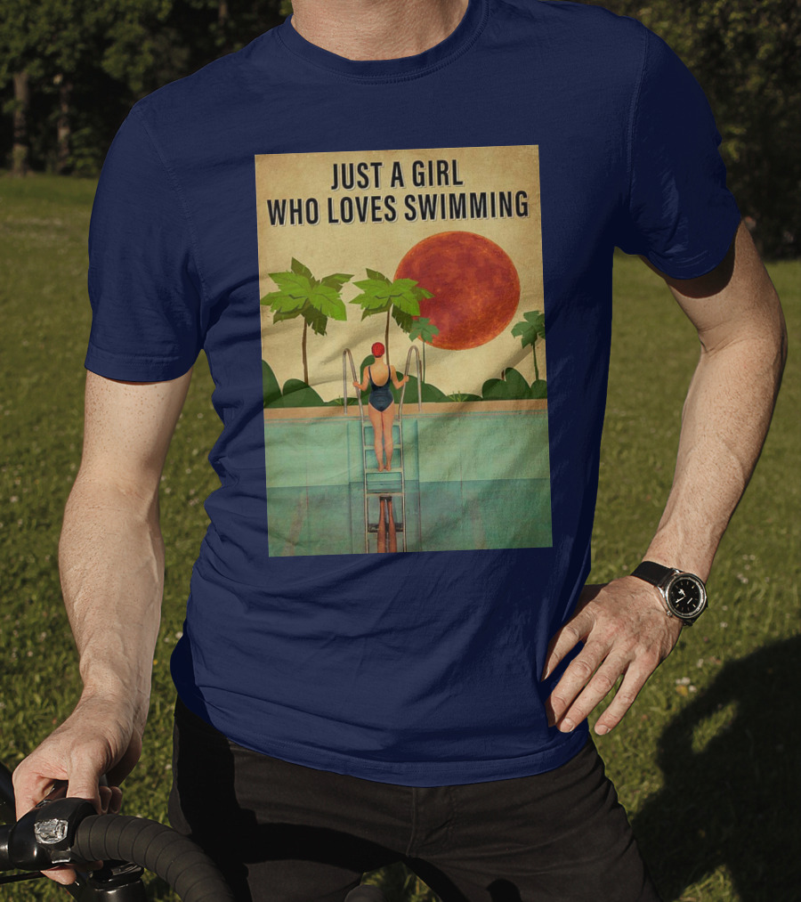 Just A Girl Who Loves Swimming With Palm Trees And Red Sun T-Shirt