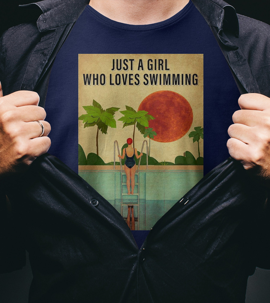 Just A Girl Who Loves Swimming With Palm Trees And Red Sun T-Shirt