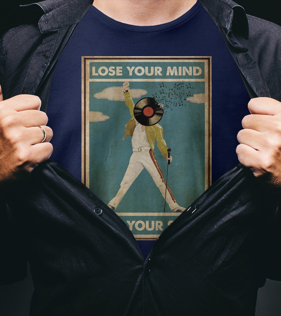 Freddie Mercury Lose Your Mind Find Your Soul Vintage Vinyl Record Head And Microphone T-Shirt