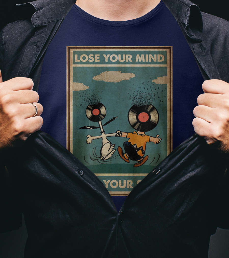 Snoopy And Charlie Brown Vinyl Record Heads Lose Your Mind Find Your Soul T-Shirt