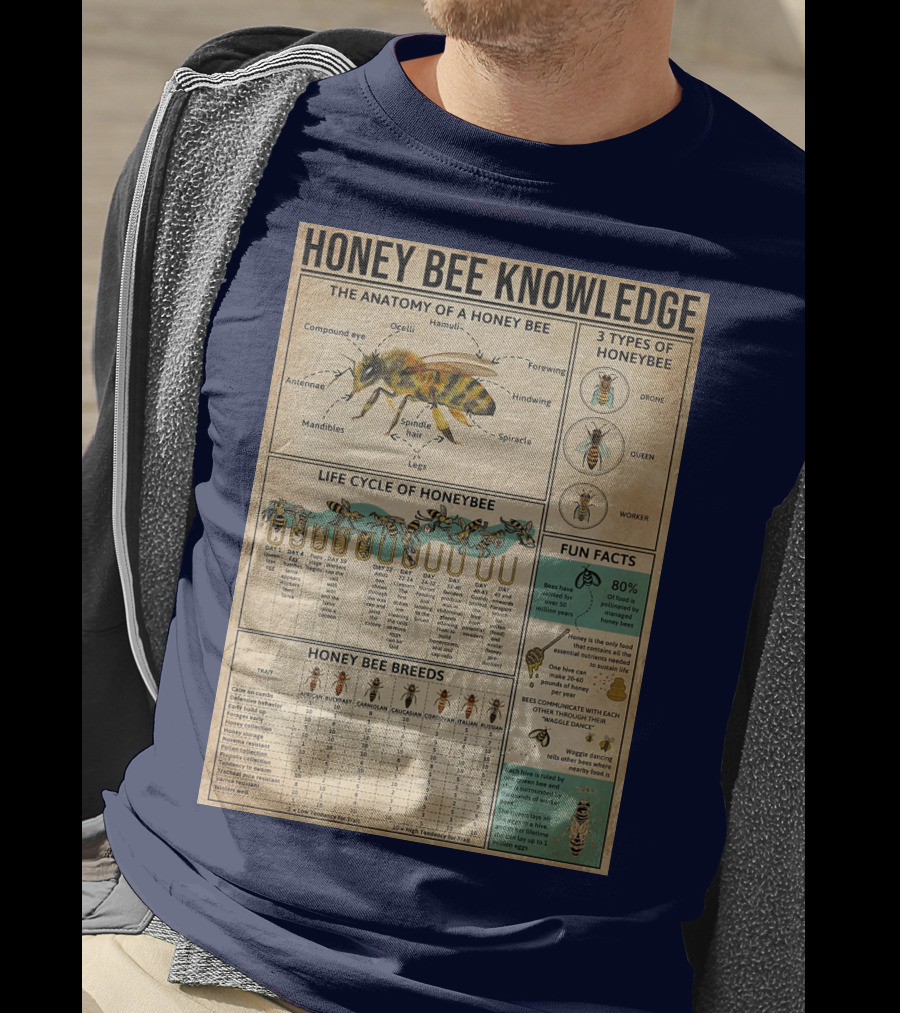 Honey Bee Knowledge Anatomy Types Lifecycle Breeds Fun Facts T-Shirt