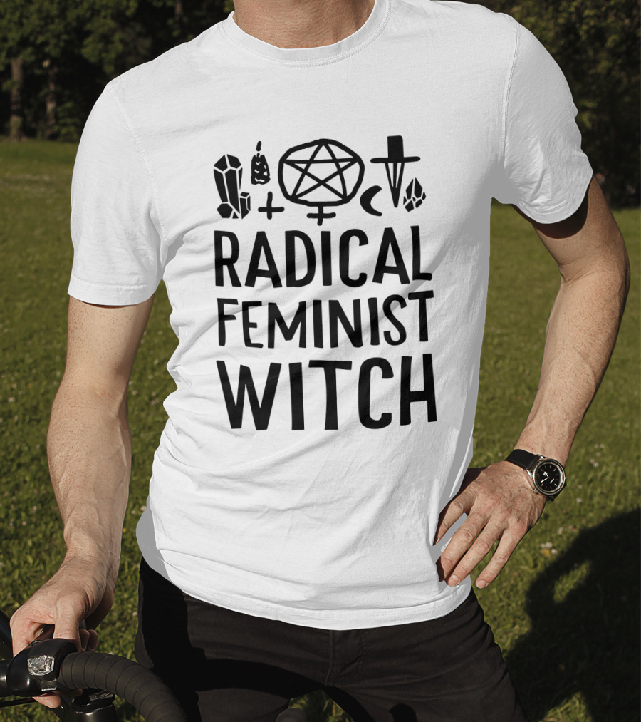 Radical Feminist Witch Magic Symbols Pentagram Crystal Moon Cross T-Shirt
