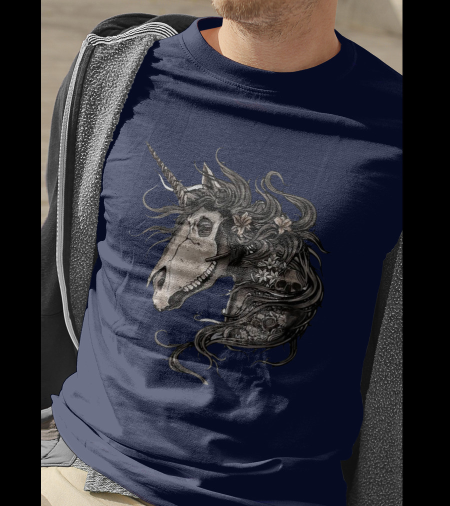 Floral Skull Unicorn Head With Flowers And Dark Mane T-Shirt