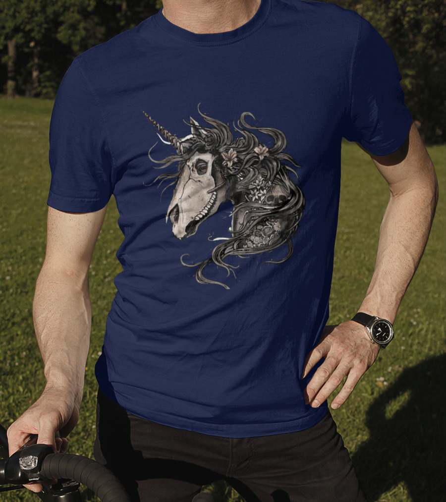 Floral Skull Unicorn Head With Flowers And Dark Mane T-Shirt