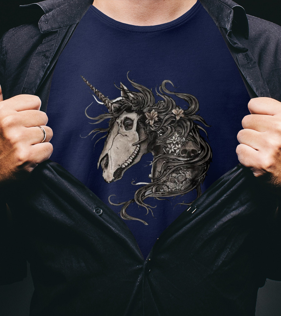 Floral Skull Unicorn Head With Flowers And Dark Mane T-Shirt