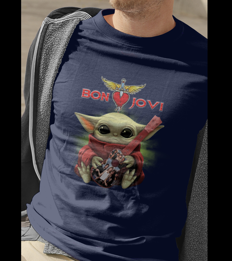 Baby Yoda Holding Guitar With Bon Jovi Heart Dagger T-Shirt