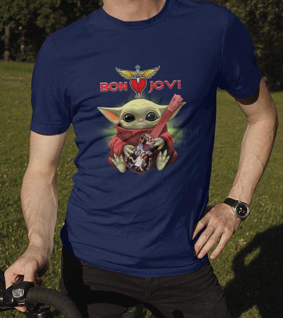 Baby Yoda Holding Guitar With Bon Jovi Heart Dagger T-Shirt