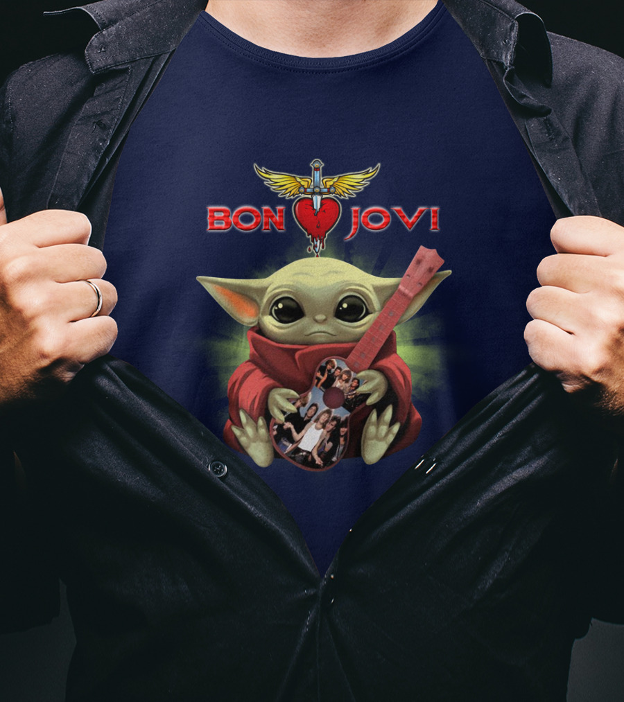 Baby Yoda Holding Guitar With Bon Jovi Heart Dagger T-Shirt