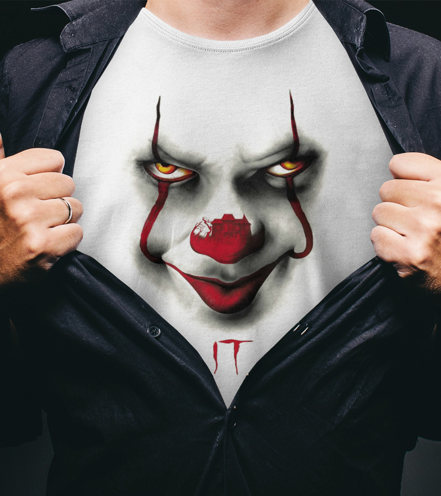 IT Pennywise Evil Clown Face With Scary House Inside Nose T-Shirt
