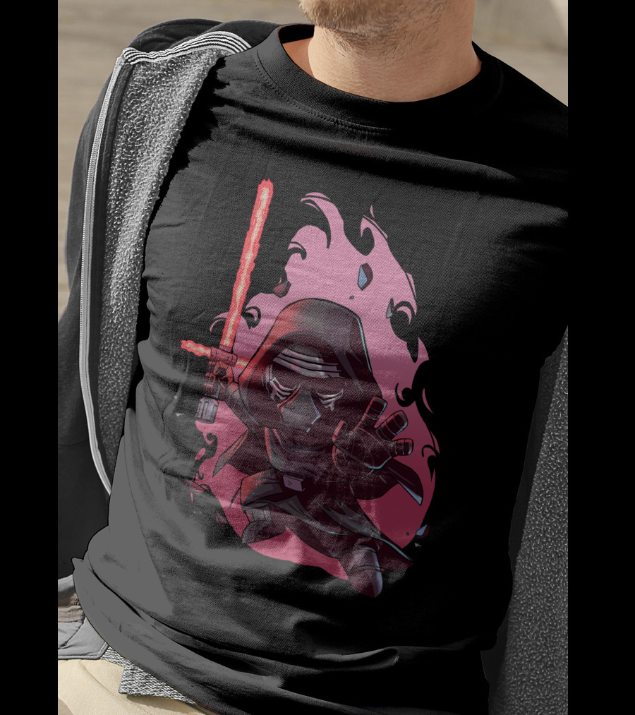 Chibi Kylo Ren Star Wars With Red Lightsaber And Fiery Background T-Shirt