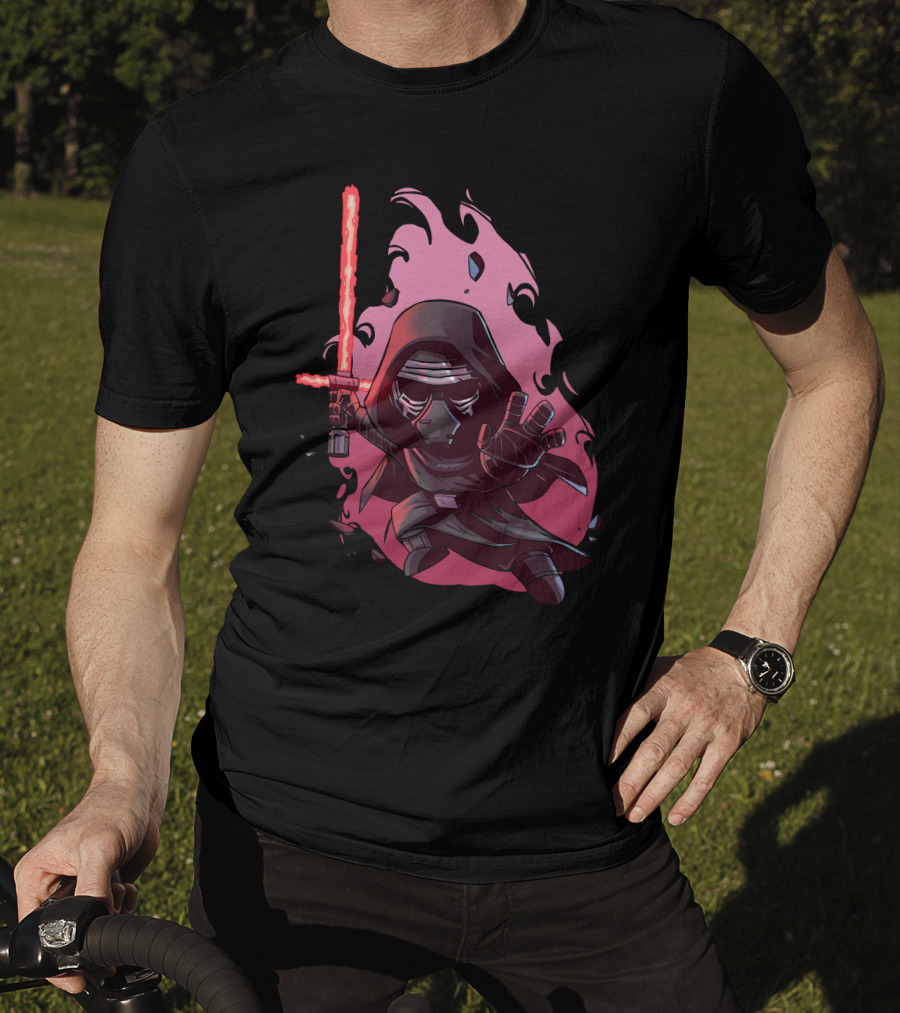 Chibi Kylo Ren Star Wars With Red Lightsaber And Fiery Background T-Shirt