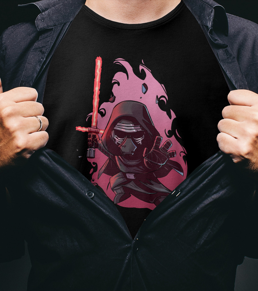 Chibi Kylo Ren Star Wars With Red Lightsaber And Fiery Background T-Shirt