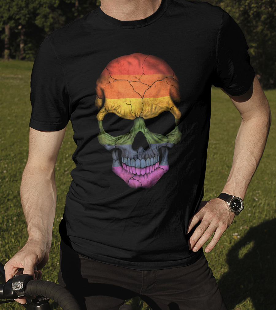 Gay Pride Rainbow Flag Skull Cracked Texture T-Shirt