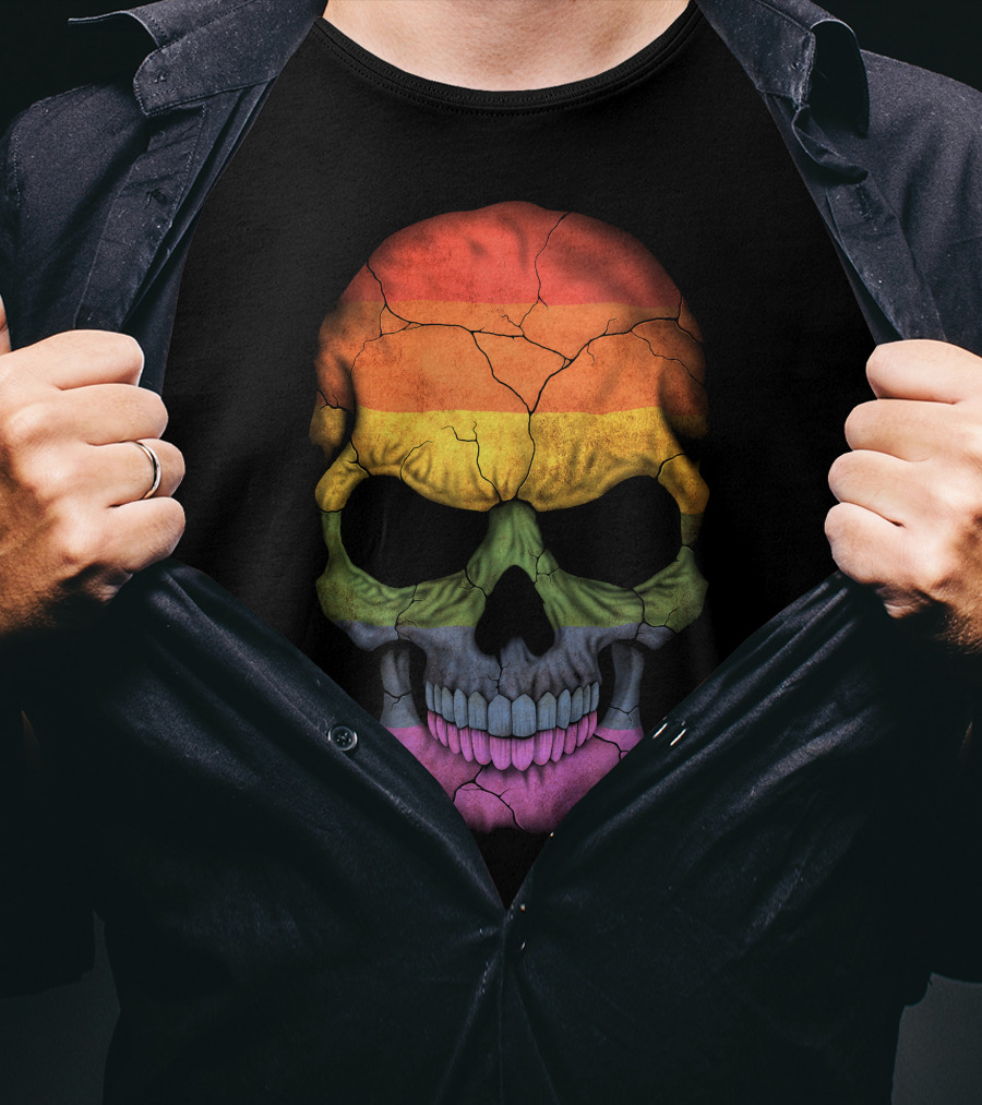 Gay Pride Rainbow Flag Skull Cracked Texture T-Shirt