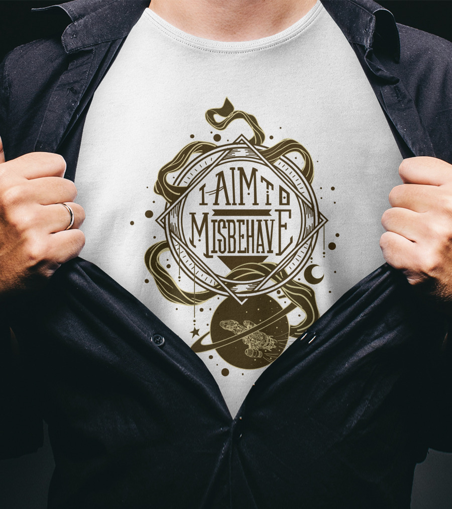 I Aim To Misbehave Firefly Serenity In Space With Gold Rings And Stars T-Shirt