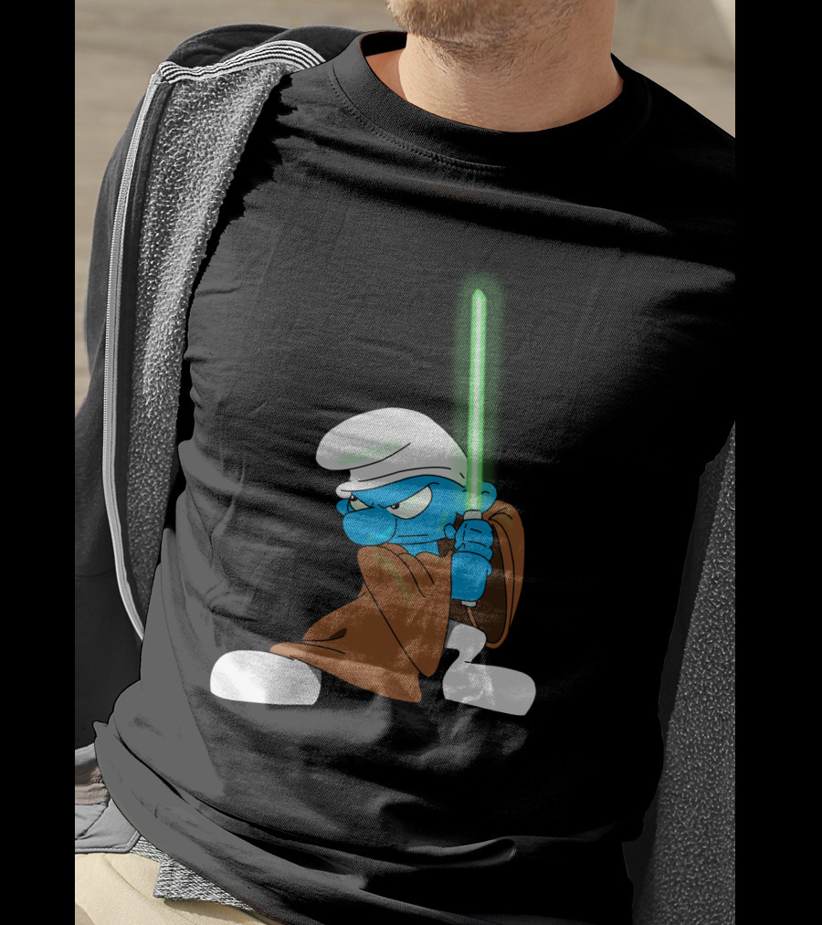 Smurf Jedi With Green Lightsaber In Star Wars-Inspired Crossover T-Shirt