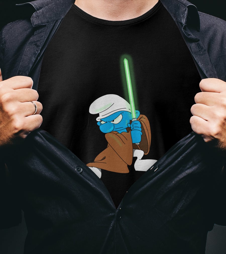 Smurf Jedi With Green Lightsaber In Star Wars-Inspired Crossover T-Shirt