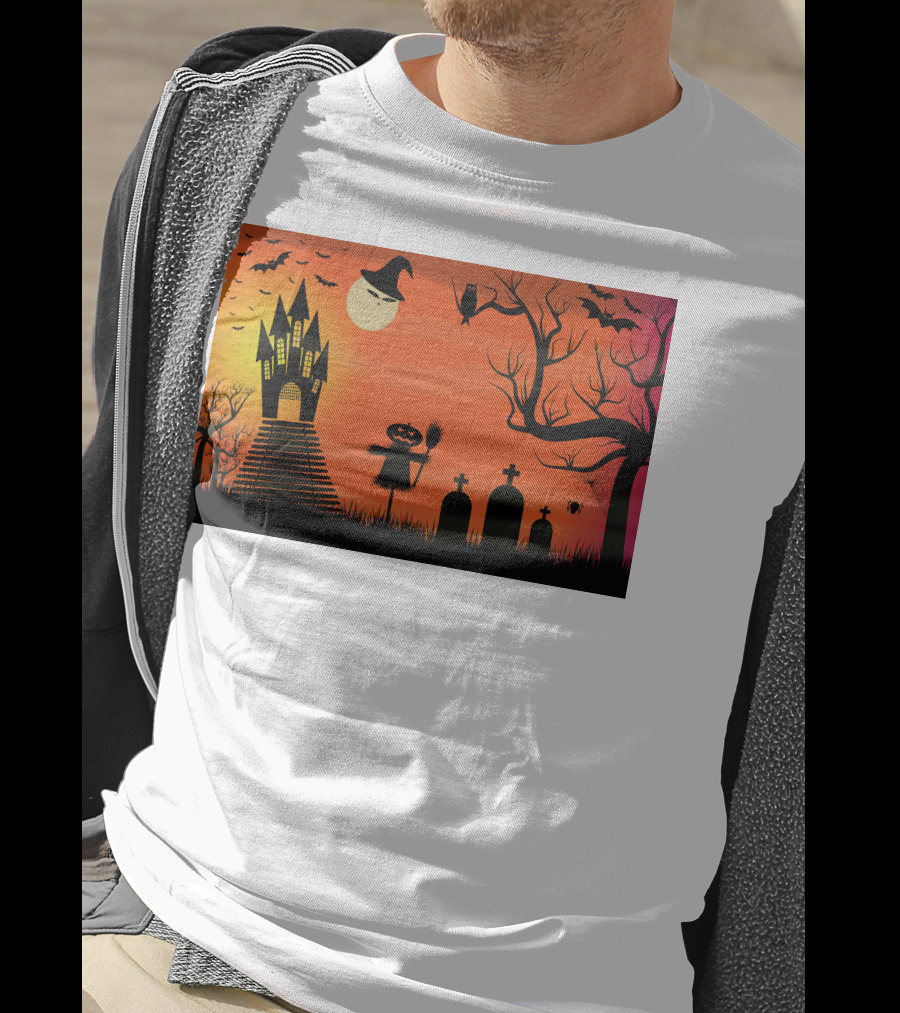Halloween Haunted Castle Silhouette With Bats And Graveyard Scene T-Shirt