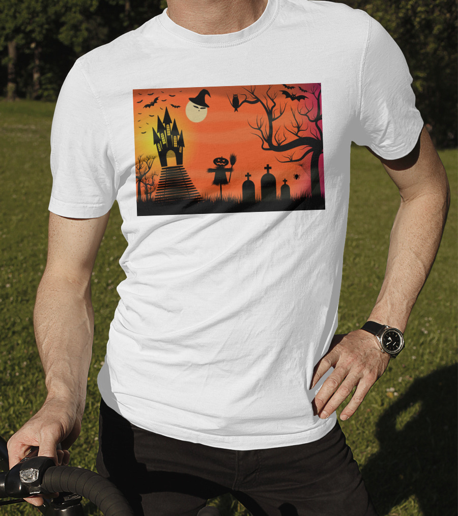 Halloween Haunted Castle Silhouette With Bats And Graveyard Scene T-Shirt