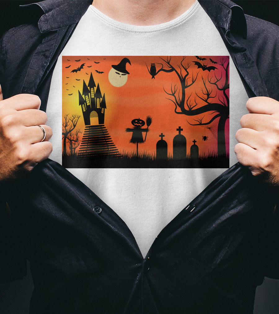 Halloween Haunted Castle Silhouette With Bats And Graveyard Scene T-Shirt