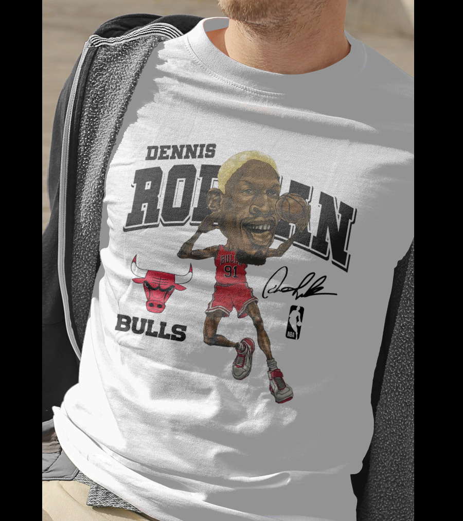Dennis Rodman 91 Chicago Bulls NBA Caricature Signature Mitchell And Ness T-Shirt