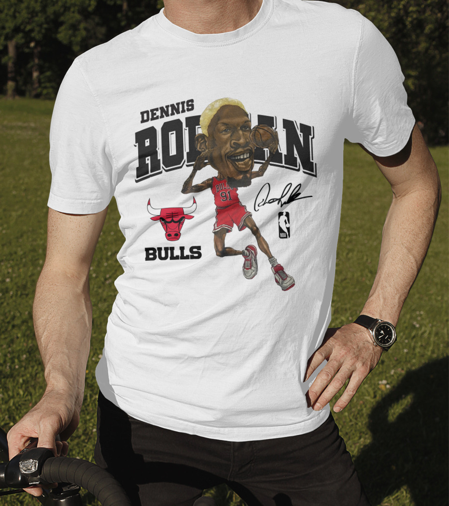 Dennis Rodman 91 Chicago Bulls NBA Caricature Signature Mitchell And Ness T-Shirt