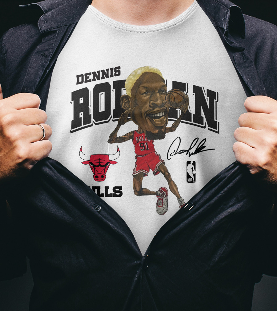Dennis Rodman 91 Chicago Bulls NBA Caricature Signature Mitchell And Ness T-Shirt