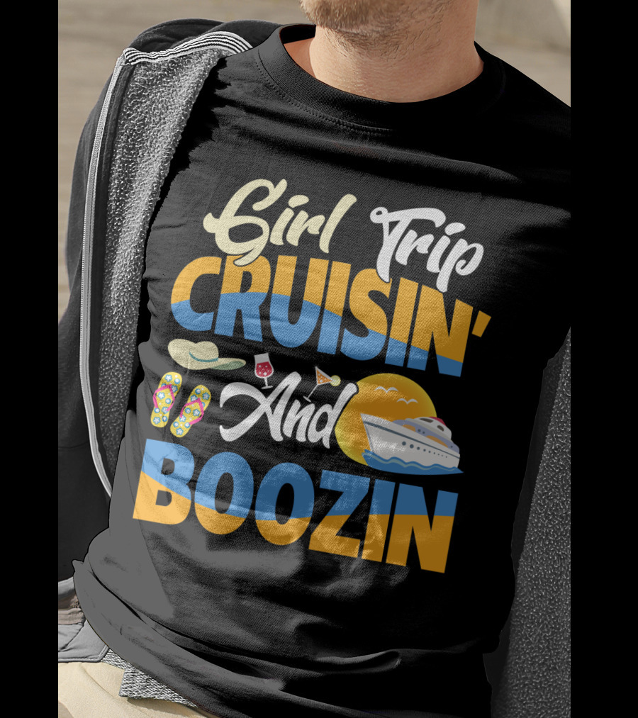 Girl Trip Cruisin' And Boozin' With Flip-Flops, Sun Hat, Drinks, And Cruise Ship Sunset T-Shirt
