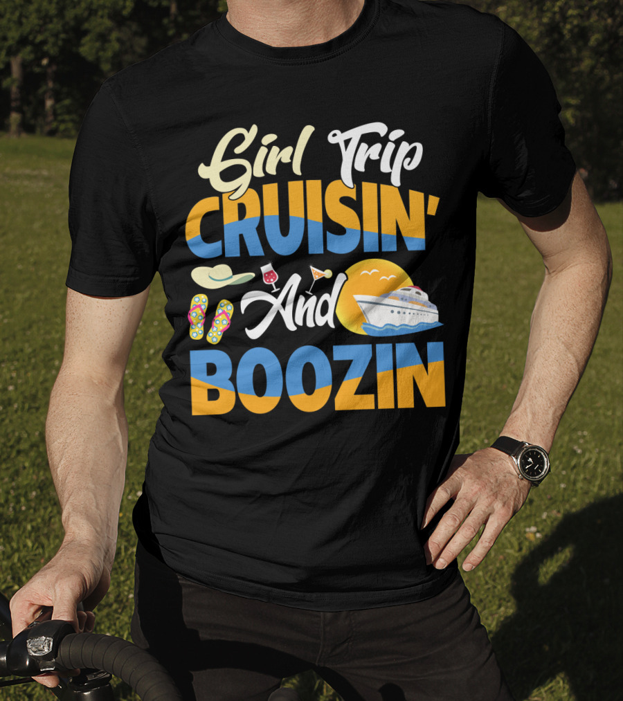 Girl Trip Cruisin' And Boozin' With Flip-Flops, Sun Hat, Drinks, And Cruise Ship Sunset T-Shirt