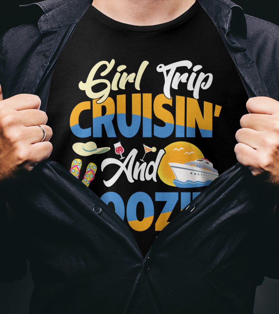Girl Trip Cruisin' And Boozin' With Flip-Flops, Sun Hat, Drinks, And Cruise Ship Sunset T-Shirt