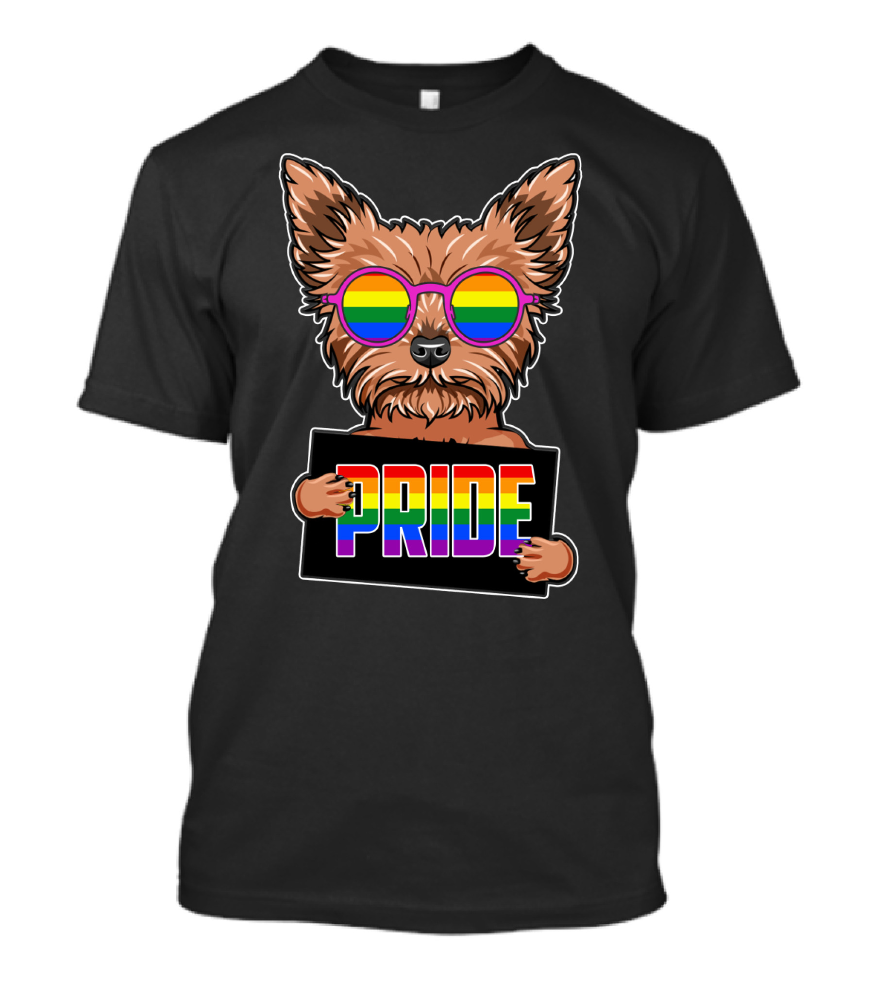 Yorkshire Terrier With Rainbow Glasses Holding Pride Sign T-Shirt