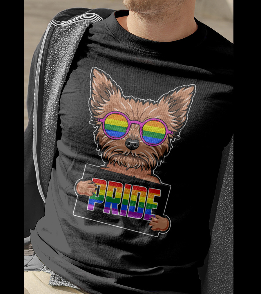 Yorkshire Terrier With Rainbow Glasses Holding Pride Sign T-Shirt