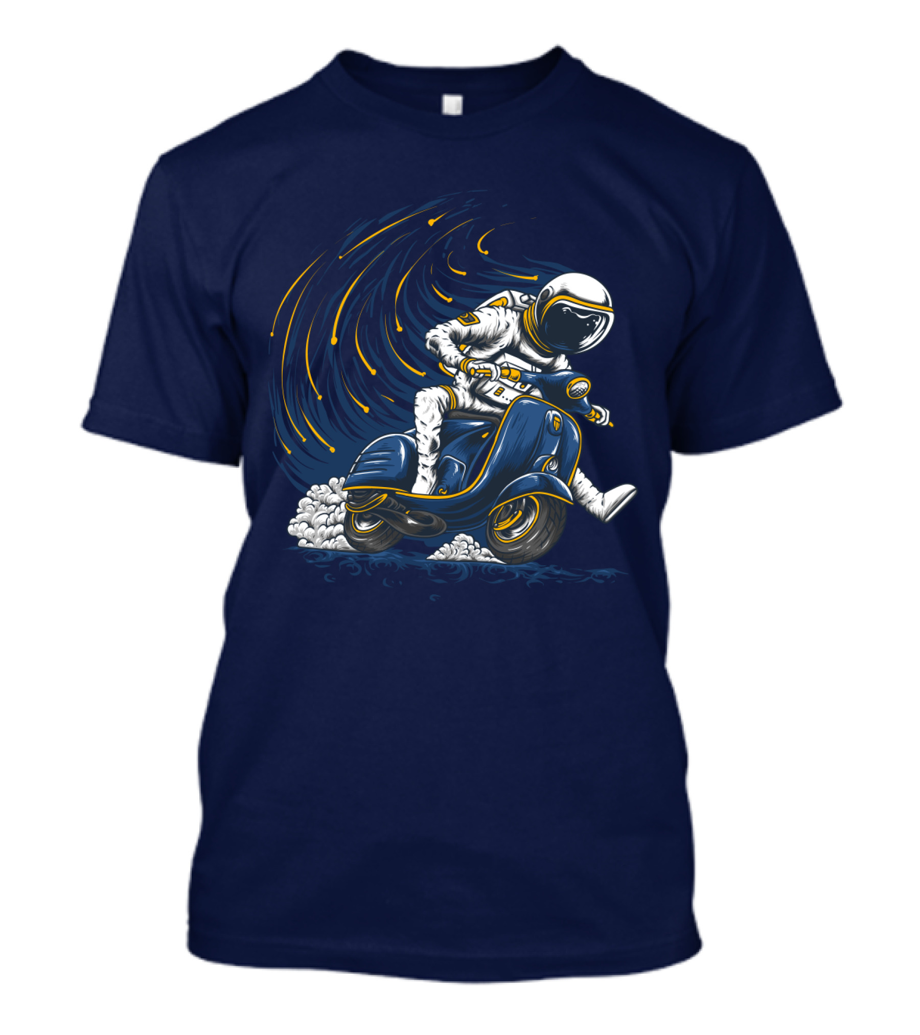 Astronaut In Spacesuit Joyfully Riding Vespa Scooter With Meteor Shower T-Shirt
