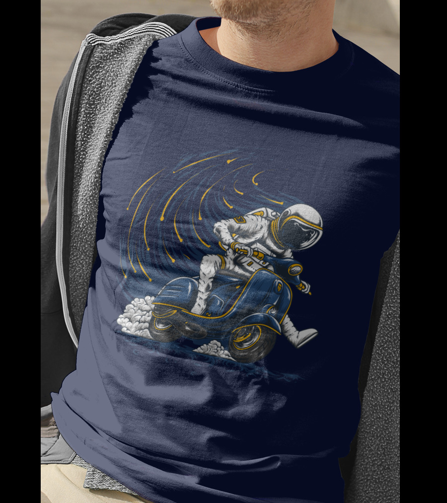 Astronaut In Spacesuit Joyfully Riding Vespa Scooter With Meteor Shower T-Shirt