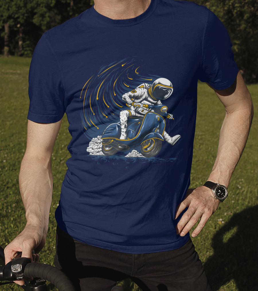 Astronaut In Spacesuit Joyfully Riding Vespa Scooter With Meteor Shower T-Shirt