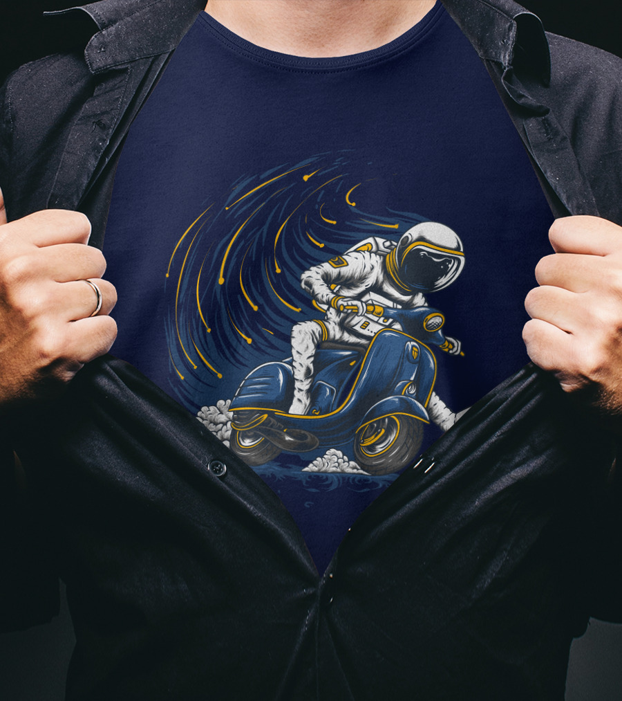 Astronaut In Spacesuit Joyfully Riding Vespa Scooter With Meteor Shower T-Shirt