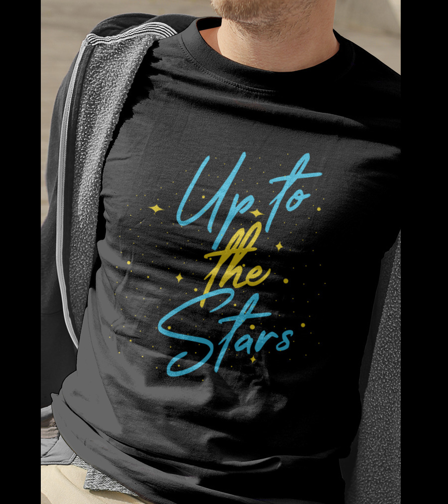 Up To The Stars With Whimsical Sparkling Yellow Dots And Blue Cursive T-Shirt