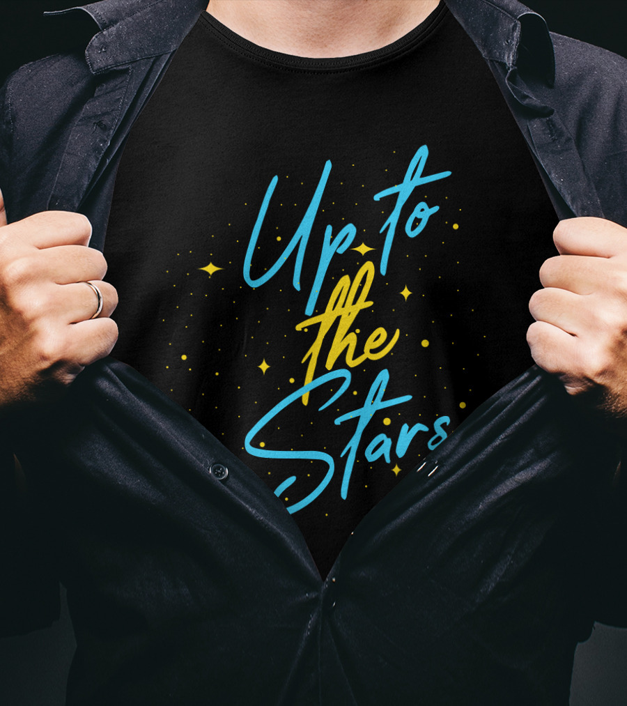 Up To The Stars With Whimsical Sparkling Yellow Dots And Blue Cursive T-Shirt