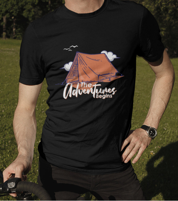 The Adventures Begins Camping Tent Clouds And Birds T-Shirt