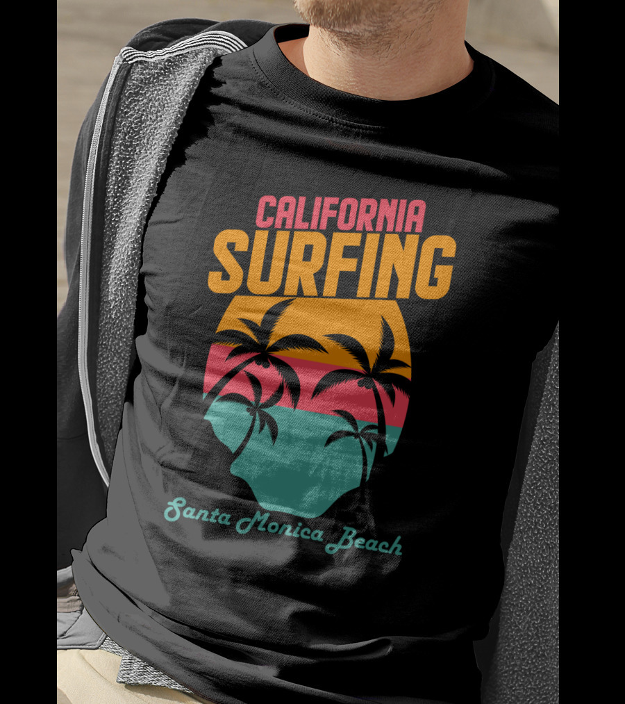 California Surfing Santa Monica Beach Sunset Palm Trees T-Shirt