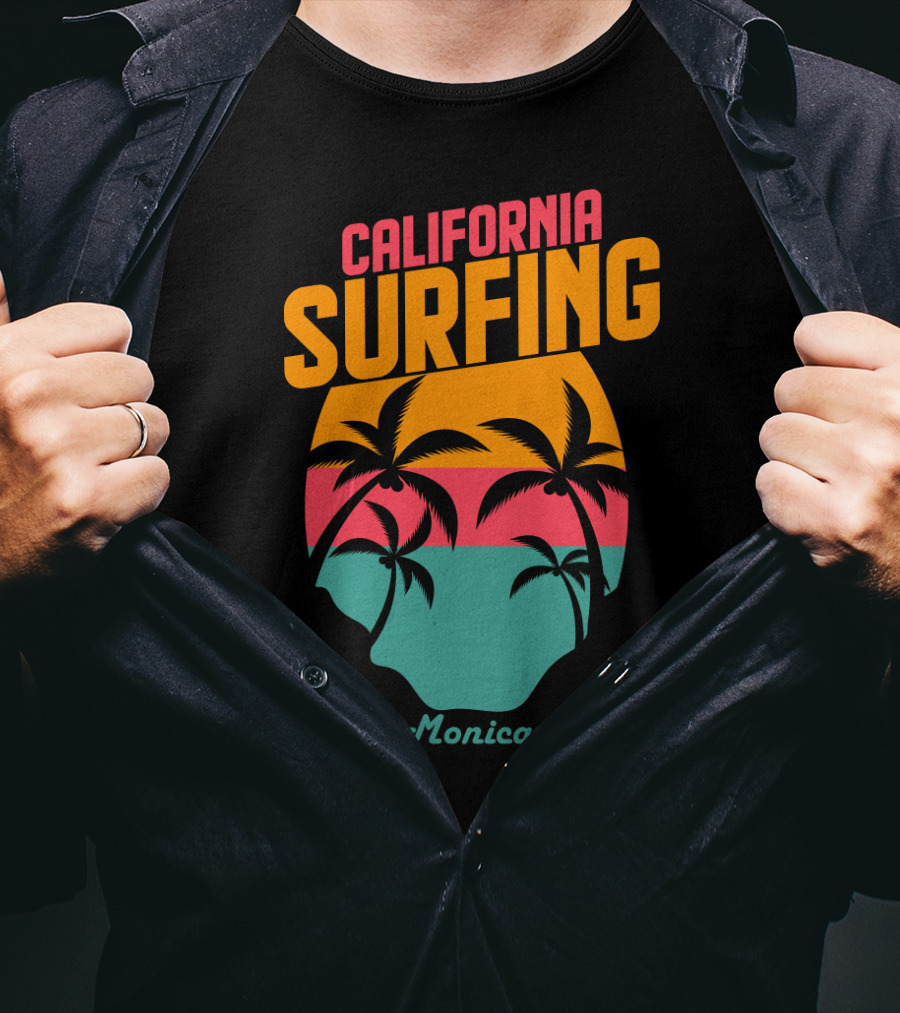 California Surfing Santa Monica Beach Sunset Palm Trees T-Shirt